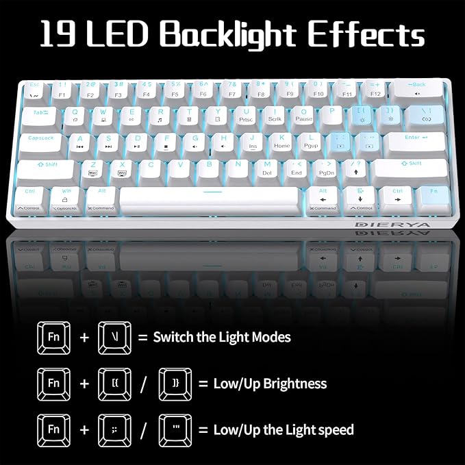DIERYA 60% Mechanical Keyboard, DK61se Wired Gaming Keyboard with Blue Switches, LED Backlit Ultra-Compact 61 Keys Mini Office Keyboard for Windows Laptop PC Gamer Typist（White）