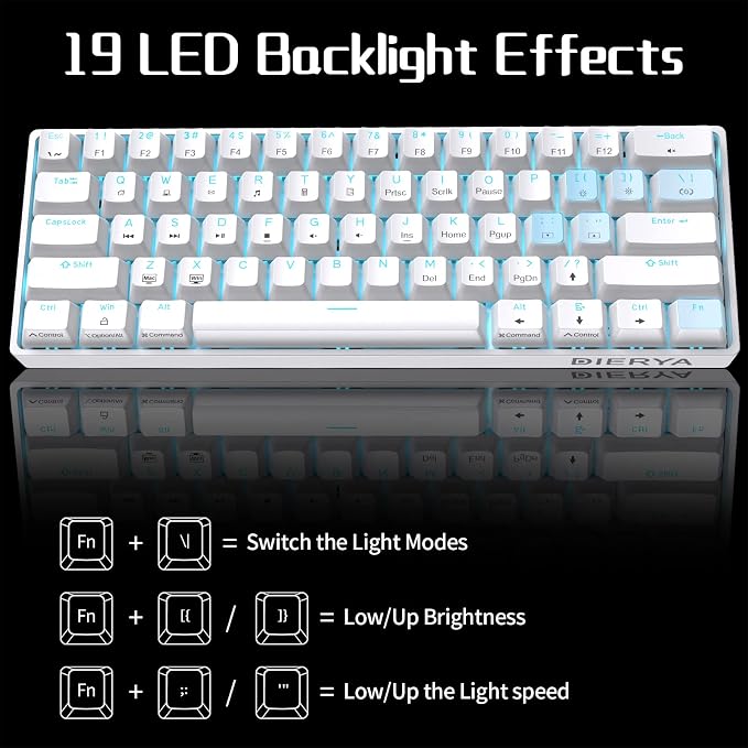 DIERYA 60% Mechanical Keyboard, DK61se Wired Gaming Keyboard with Brown Switches, LED Backlit Ultra-Compact 61 Keys Mini Office Keyboard for Windows Laptop PC Gamer Typist（White）