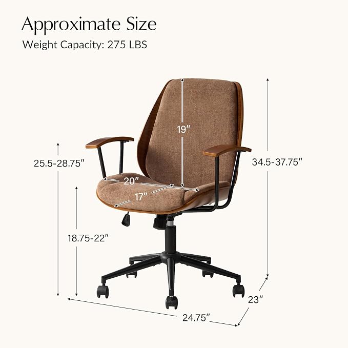 HULALA HOME Solid Wood Office Chair with Tilt Function & Metal Base, Camel | Mid Century Modern Desk Chair with Bent Wood Frame, 360° Swivel Fabric Computer Task Chair, Height Adjustable