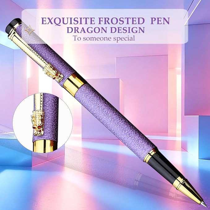 Fancy Pens for Women, Nice Rollerball Pens with Dragon Design, Elegant Gift Pen, Office & Signature Writing Pen, Refillable Black Ink Business Pen (Purple)