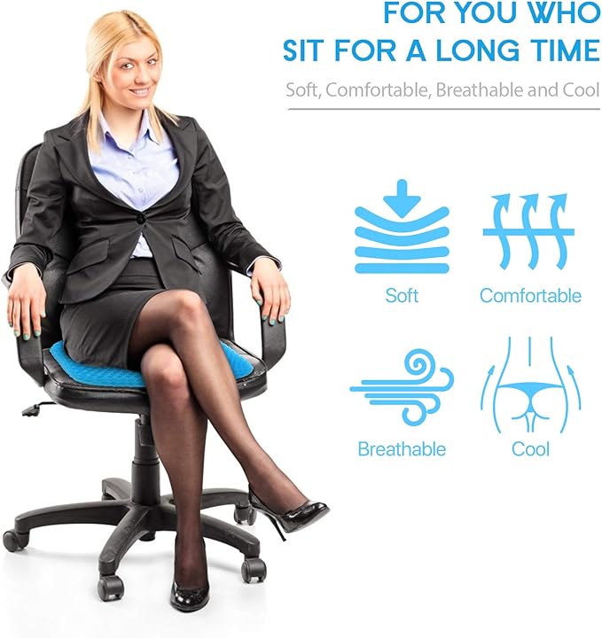 Gel Seat Cushion for Long Sitting, (Thick & Large) Cushion for Wheelchair | Gel Cushion for Office Chair, Soft & Breathable, Chair Cushion, Gel Car Seat Cushion for Hip Pain (Blue Cushion+Black Cover)