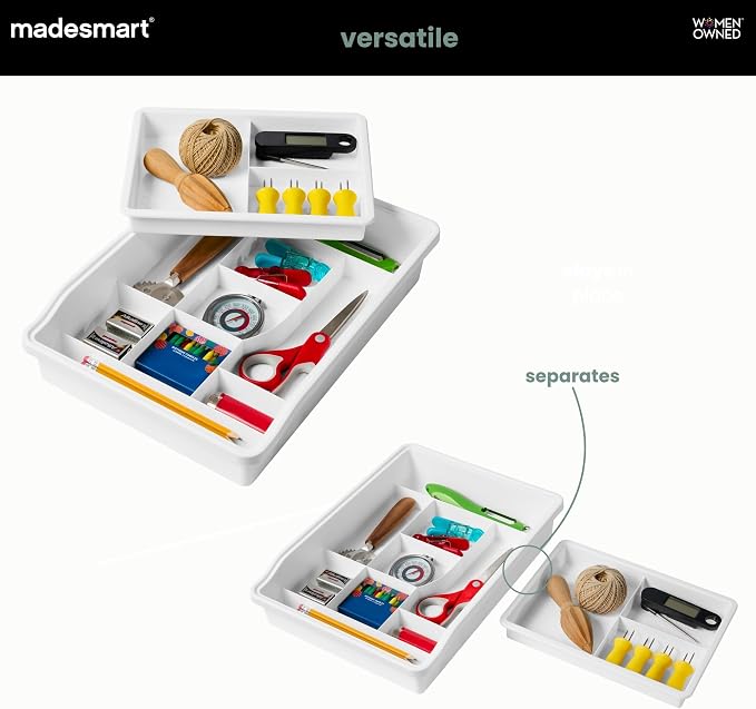 madesmart Classic Junk Drawer Organizer, White | rounded corners, sliding top tray, removable upper level, 13 compartments, cords pens keys, woman owned