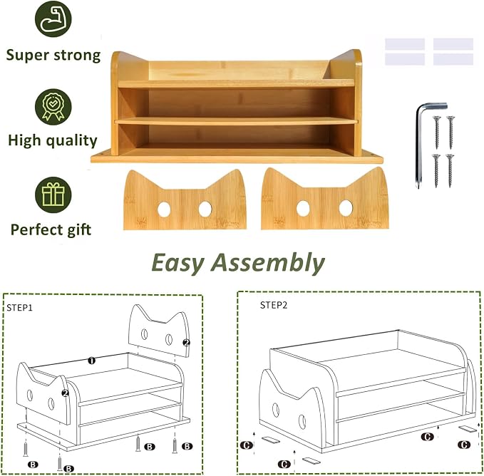 ZOOFOX Cute Cat-Shaped Bamboo Desk Organizer, 3-Tier Paper Letter Tray with 2 Vertical Mail Slots, Wooden Desktop File Holder and Sorter for Office Home