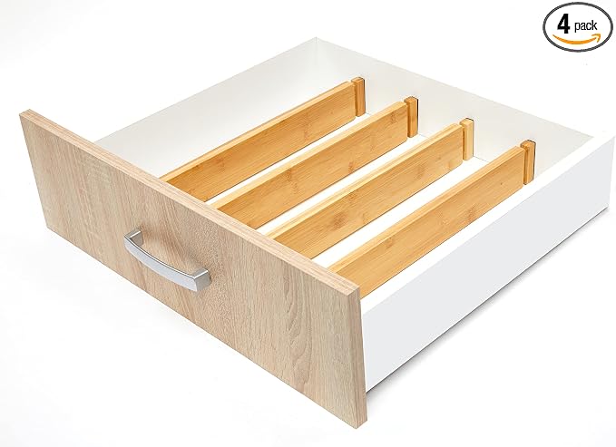 RoyalHouse Large Drawer Organizer (18" - 22") Adjustable Bamboo Drawer Dividers Organizers, Expandable Drawer Separators for your Kitchen, Bedroom, Bathroom, Dresser, Office, and More (4 pieces)