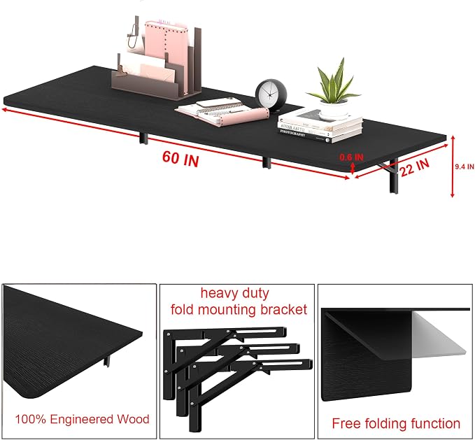 IAE 60" x 22" Floating Foldable Desk,Wall-Mounted Folding Computer Table with Engineered Wood,Study Table with Shelf Brackets,Fold Down Shelf,Fold Computer Desk for Small Apartment,Holds 500 lb,Black