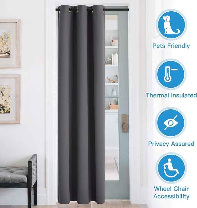 RYB HOME Blackout Curtains Thermal Insulating Privacy Temporary Door Curtains for Bedroom Closet Doorway Accordion Door Interior Living Room Kids Nursery Dining, Wide 60 x Long 90 inch, Grey