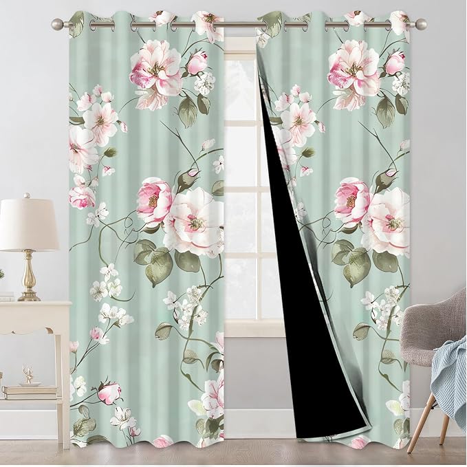 Blackout Curtains for Girls Bedroom, Pink Floral Room Darkening Curtains 84 Inch Length 2 Panels Set, Grommet Thermal Insulated Soundproof Privacy Winter Black Out Curtains for Living Room