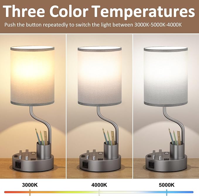 Grey Bedside Table Lamps for Bedroom Set of 2 - Nightstand Light with AC Outlet and USB A & C for Charging, 3 Color Temperatures Desk Lamp with Pen Holder & Phone Stand for Living Room/Dorm/Office
