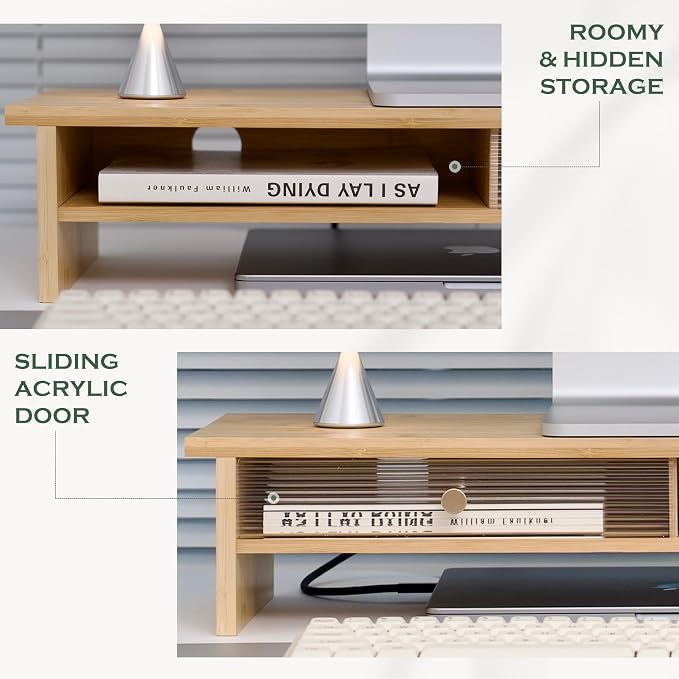Bamboo Monitor Stand with Acrylic Sliding Door, Monitor Riser with Storage and Cable Management, Wood Desk Shelf for Home Office, Laptop and Printer