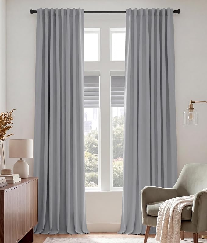 PONY DANCE 102 inch Long Curtains 2 Panels Set for Living Room Bedroom, Rod Pocket/Back Tab Thermal Insulated Room Darkening Light Blocking Floor to Ceiling Drapes, W 52 x L 102 inch, Silver Grey