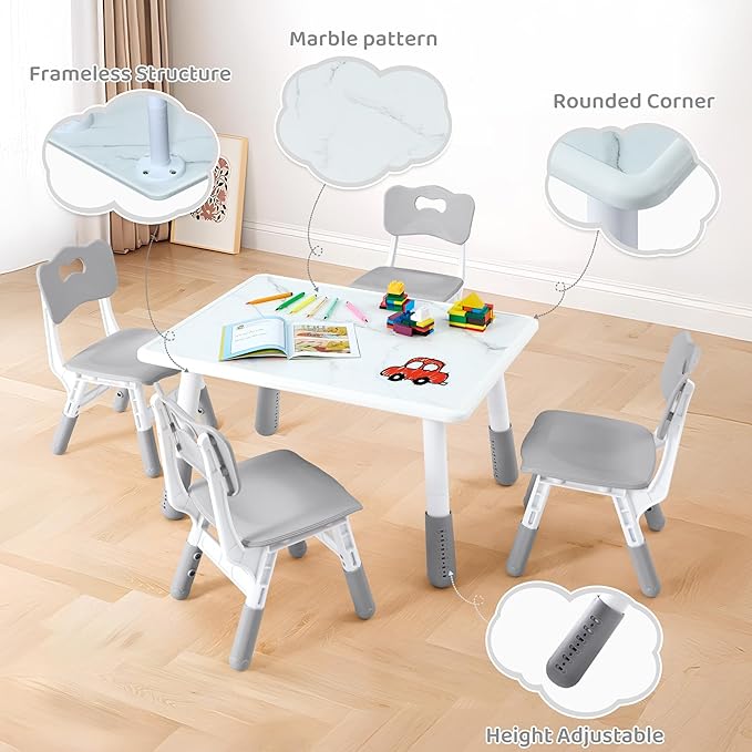 DOREROOM Toddler Table and 4 Chairs Set, Marble Top, No-Screw Legs, Grey | Graffiti Desktop, 31.5"L x 23.6"W, Frameless, Kids Ages 3-8, FSC-certified, Children Activity for Daycare, Classroom, Home
