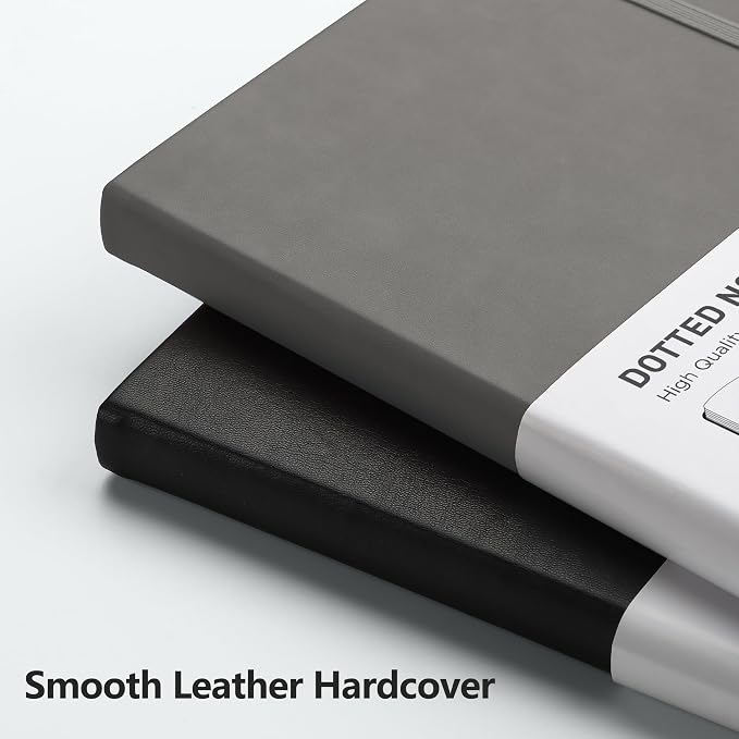 RETTACY Dotted Journal Notebook, 192 Pages, A5 Medium Size (5.7'' x 8.3''), Leather Hardcover, 100 GSM Thick Paper, for Journaling, Planning, Tracking (Gray)