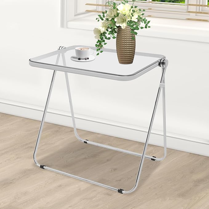 Acrylic Folding TV Tray Table, Small Portable Square Laptop Desk, End Side Table Modern Square Table for Home Office, No Assembly Space-Saving Side Table with Metal Frame (Clear)