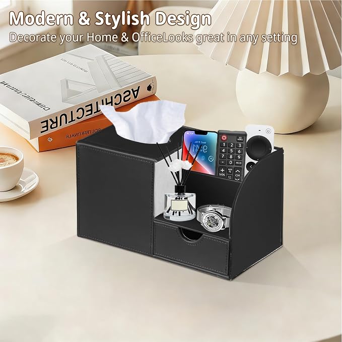 Square Tissue Box Cover with Storage Drawer,Facial Tissues Cube Box Holder | PU Leather Modern Remote Control Holder,Nightstand Organizer Caddy for Bathroom Vanity, Makeup,Office and Home Desktop Decor
