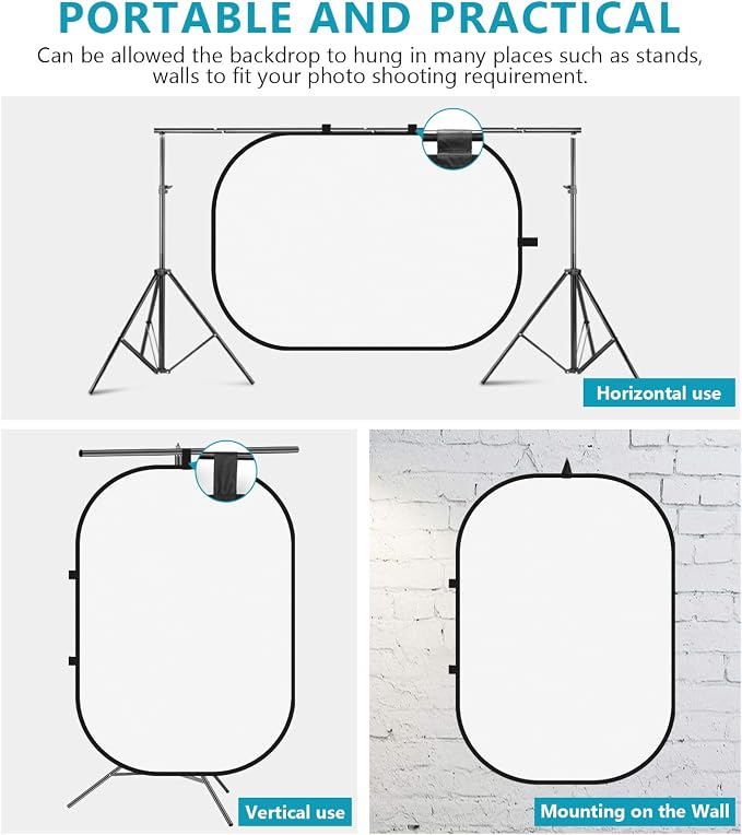 Neewer 5x7ft/1.5x2m Chromakey Foldable Backdrop with Stand 8.5ft/2.6m, 2-in-1 Reversible Black White Green Background Panel for Photography Studio, Live Streaming, Video Calls, Games