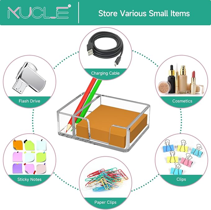 Sticky Note Holder with Pen Slot, Crystal Clear Acrylic Notepad Holder 3x3 in Self-Stick Note Dispenser Office Desk Accessories, Memo Pad Holder Organizer for Classroom School Supplies