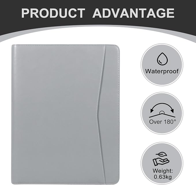 Personalized Leather Portfolio with Zipper, Professional Business Padfolio with A4/US Letter Writing Pad Holder for Interview, Resume Folder for Men and Women, Gray