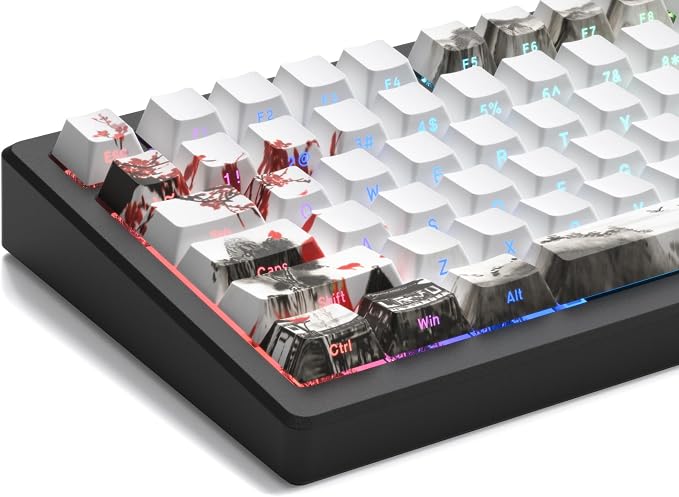 Womier PBT Keycaps Set 130 Keys, Custom White Japanese Keyboard Doubleshot Dye Sub Side Print Shine Through Keycaps 60 65 75 100 Percent, Cherry Profile, Cherry Blossom