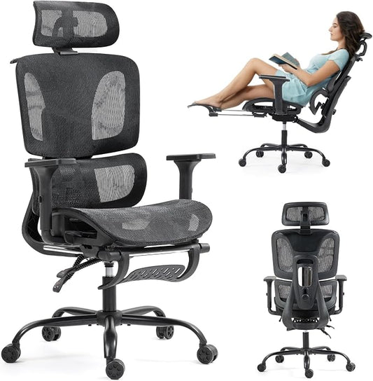 ECOTOUGE Black Ergonomic High Back Mesh Office Chair with Footrest | Adjustable Lumbar Support, Headrest, 360° Swivel, Reclining, Rolling Casters, Sturdy Base, for Home Office & Gaming