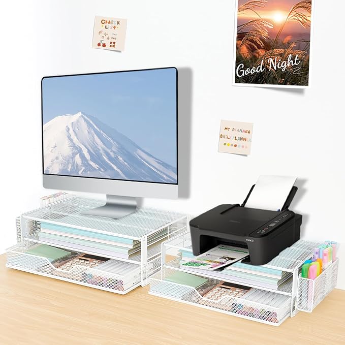 AUPSEN Computer Monitor Stands Riser，2-Tier Desk Organizers and Accessories, Office Desk Accessories Organizer with Drawers and 2 Pen Holder for Office Supplies (White)