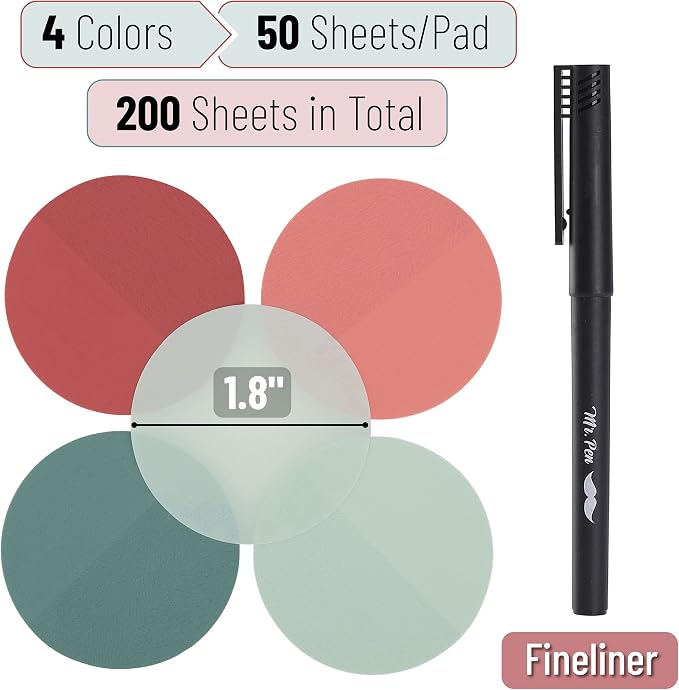 Mr. Pen- Round Transparent Sticky Notes, 1.8”, 4 Pads with Black Fineliner | 200 Sheets, Smooth Writing, Water-Resistant, Clean Removal, Easy-Peel Sticky Notes for Bible Journaling & Planning