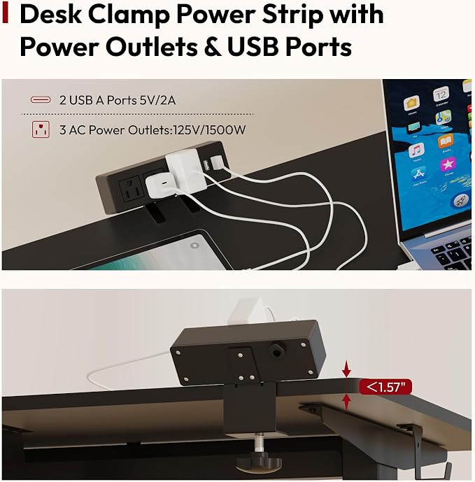 SANODESK Electric Standing Desk with Desk Clamp Power Strip 48"x 24" Whole-Piece Desktop Height Adjustable Stand Up Desk with Cable Management Sit Stand Home Office Desk Black Frame/Black Top
