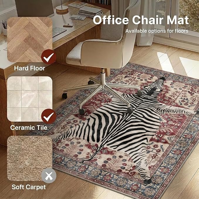 36"x60" Office Chair Mat for Hardwood Tile Floor, Under Desk Carpet Protector for Rolling Computer Chair Mat, Machine Washable Area Rug, Anti-Slip 1/5" Thick Low Pile Thin Vinyl Floor Mat, Red