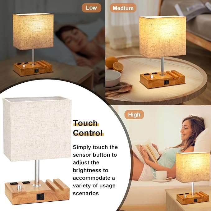 Kakanuo Fully Dimmable Nightstand Lamp for Bedroom with USB C Ports, Small Bedside Table Lamp with Charging Outlets and Phone Stands, Wooden Desk Lamp for Living Room, LED Bulb Included