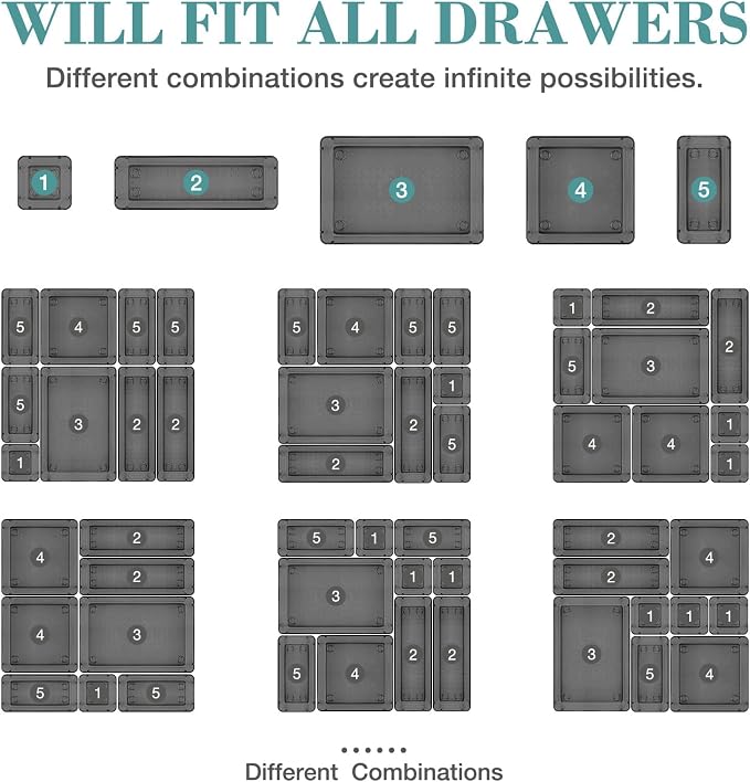 16 PCS Drawer Organizer Set, 5 Size Bathroom and kitchen organizer Trays | Bathroom and kitchen Drawer cabinet organizer Trays, Clear Storage Bins for Makeup, Jewelry, Utensils and Gadgets