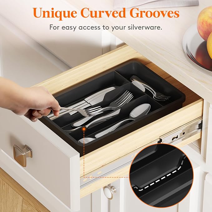 Lifewit Silverware Drawer Organizer Tray, Plastic Cutlery Storage for Kitchen, Flatware and Utensil Holder Divider for Spoons Forks Knives Tableware, 7.8 x 12.4", 4 Slots, Black