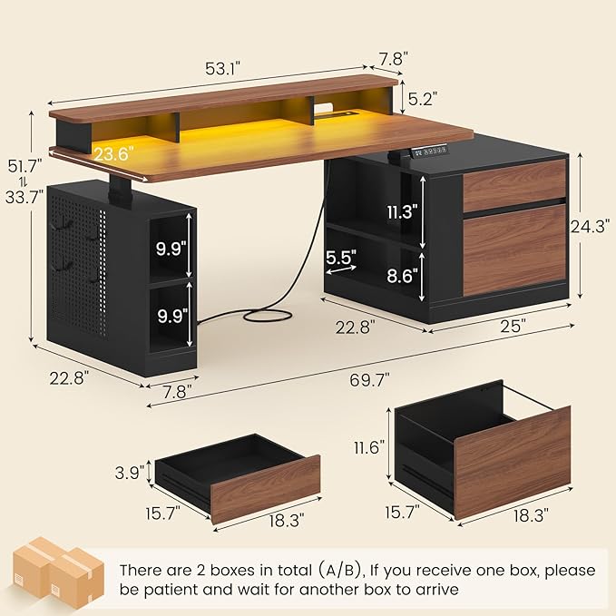 Standing Desk Adjustable Height, 70" Executive Electric Office Desk, Sit Stand Computer Desk with Storage Drawer, Power Outlets, Led Lights, Monitor Stand, Printer Space, Pegboard Black&Walnut