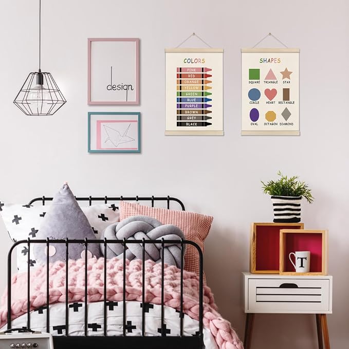 Colors Shapes Posters Hanger Frame, Educational Posters for Toddler Kids, Set of 2 Montessori Nursery Wall Decor, Learning Artwork for Nursery Kids Room, Homeschool, Boho Classroom Decor 16x12 Inch