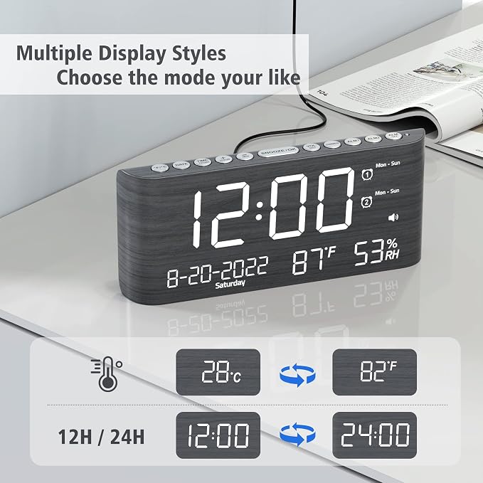 Mesqool Digital Alarm Clock, with Calendar Temperature and Humidity | Loud Volume, Dual Alarm, USB and Type-C Charging Ports, Dimmer, 12/24H, Snooze, Stylish Digital Clock for Décor