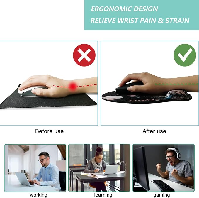 Mouse Pad with Wrist Support, Ergonomic Mouse Pad with Memory Foam Wrist Rest Cushion, Non-Slip Rubber Base Gaming Mice Pad for Home Office Computer Laptop, Snail