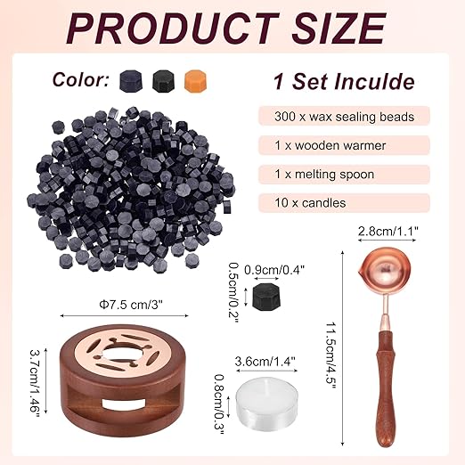 PATIKIL Wax Seal Kit, 300 Pcs Wax Sealing Beads, Wooden Warmer, Melted Spoon, 10 Pcs Tealight Candles for Envelope Letter Mailing Crafts DIY, Black/Dark Purple/Fresh Orange