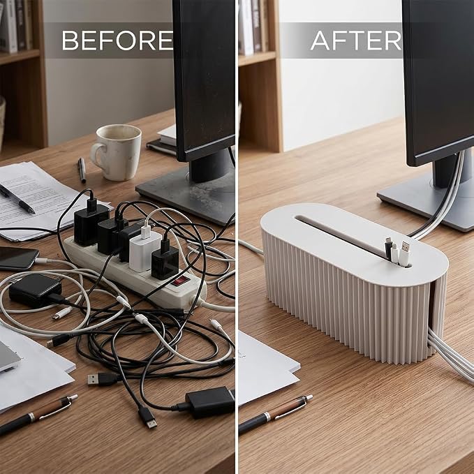 Cable Management Box – Home & Office Desk Cord Organizer Hide Power Strip & Under Desk TV Computer Wire Pet Friendly Child-Proof Floor Cord Management Cover - Beige