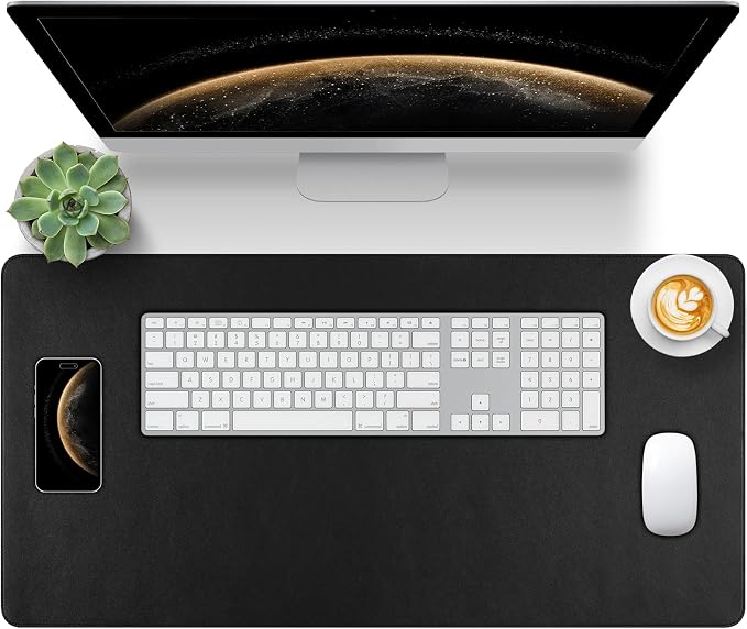 Black Leather Desk Pad Large Mouse Pad, 23.6"x13.8" | Waterproof Desk Mat for Keyboard and Mouse, Non-Slip Computer Desk Protector, Smooth Mouse Control for Home Office