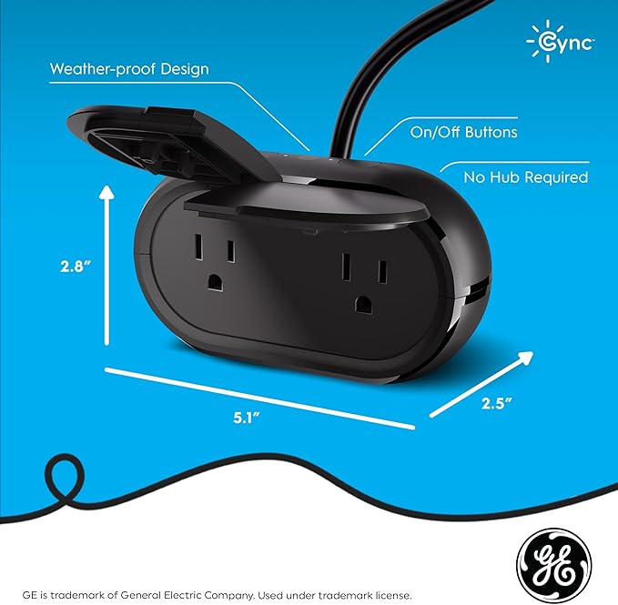 GE Cync Smart Plug, Outdoor Bluetooth and Wi-Fi Outlet Socket, Weather Resistant Plug, Works with Alexa and Google, Black (1 Pack)