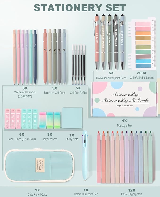56 PCS Aesthetic School Supplies with Large Pencil Case, 5 Inspirational Ballpoint Pens, 12 Pastel Highlighters, 5 Black Ink Gel Pens, 6 Mechanical Pencils 0.5-0.7mm College Student Essentials (Blue)