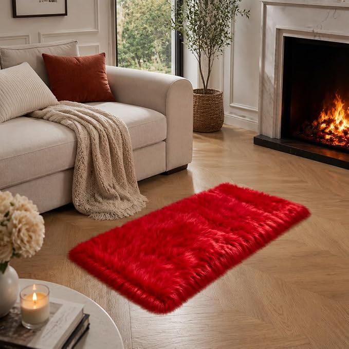EasyJoy Ultra Soft Faux Fur Rug Fluffy Sheepskin Rug for Bedroom Living Room Sofa Bedside Floor(2 x 4 ft Rectangle, Red)