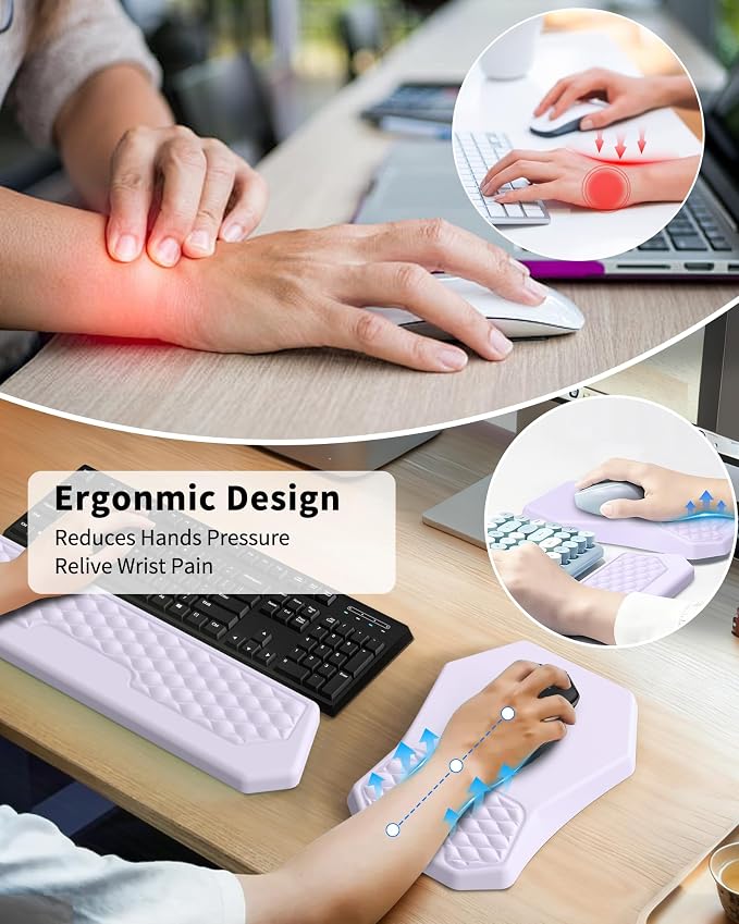 Ergonomic Mouse Pad Wrist Rest Support, Massage Design Surface for Carpal Tunnel Pain Relief, Memory Foam, Non-Slip PU Base for Computer Desk, Purple