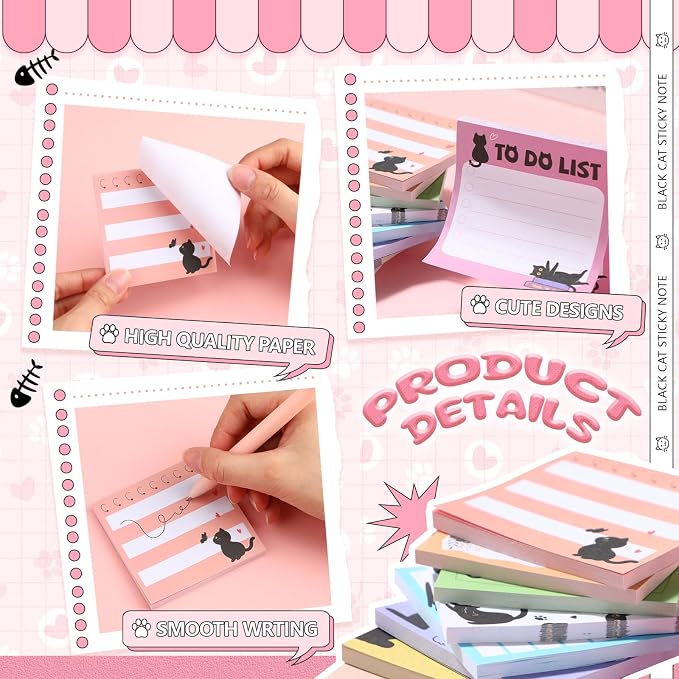9 Pads Cute Sticky Notes Cartoon Self Stick Notepads 3x3 Inches Notes Adhesive Memo Pad Office Decor Gifts for Students School Teacher Office Meeting(Black Cat)