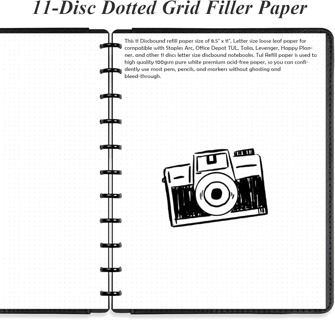 A4 TUL Discbound Dotted Refill Paper, 11-Disc Dot Grid Filler Paper, 100Sheets / 200Pages, 100gsm White Paper, 8.5'' x 11''