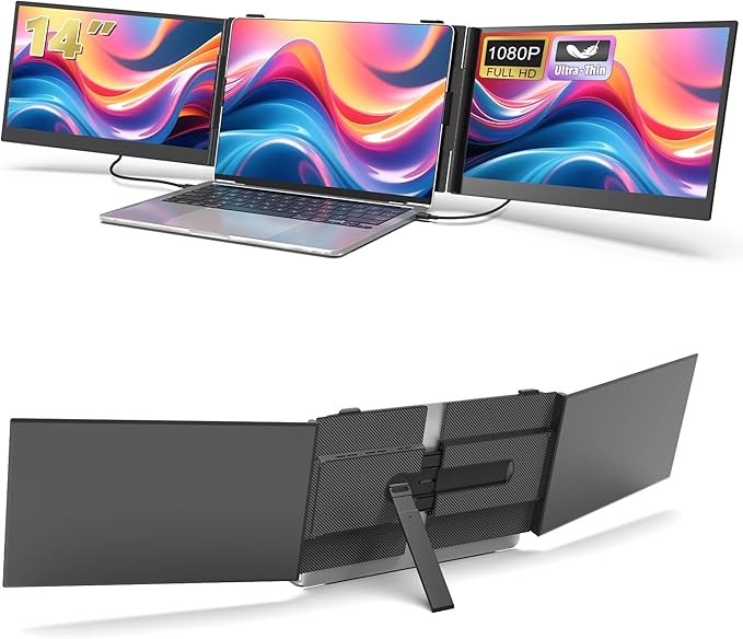 Triple Laptop Screen Extender, 14.1'' FHD 1080P Ultra-Slim Portable Monitor for Laptops, Two Cable USB-C Travel Monitor Extender Plug & Play for 13"-17" Laptop, Compatible with Wins/Mac/Android/Chrome