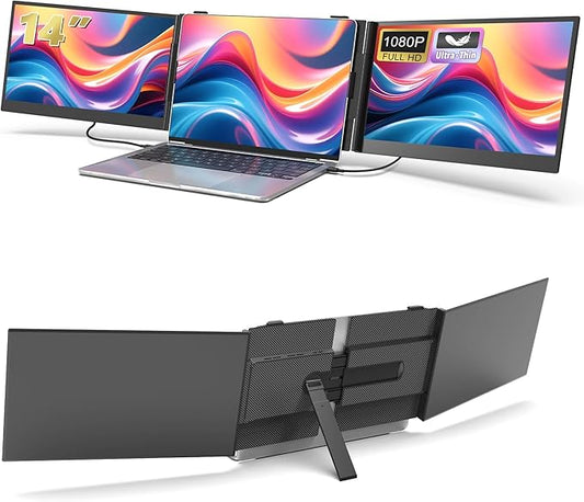 Triple Laptop Screen Extender, 14.1'' FHD 1080P Ultra-Slim Portable Monitor for Laptops, Two Cable USB-C Travel Monitor Extender Plug & Play for 13"-17" Laptop, Compatible with Wins/Mac/Android/Chrome
