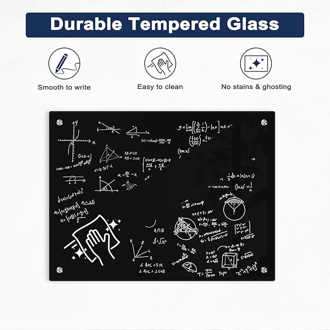 Magnetic Black Glass Dry Erase Board, 24" x 18", Frameless Wall Mount | Glass Whiteboard for Wall, Includes 1 Marker Tray and 6 Magnets, White Board for Office, Home, Classroom