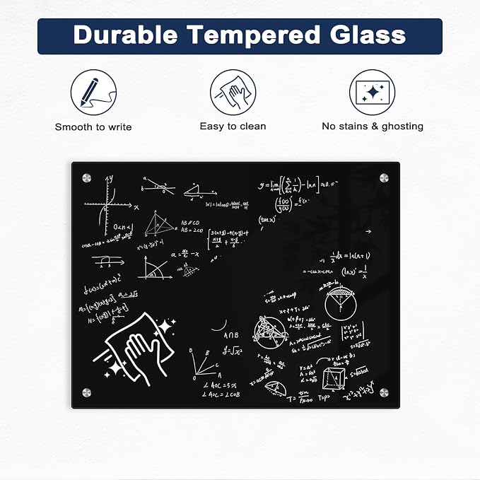 Magnetic Black Glass Dry Erase Board, 8' x 4', Frameless Wall Mount | 96" x 48" Large Glass Whiteboard for Wall, Includes 1 Marker Tray and 10 Magnets, White Board for Office, Home, Classroom