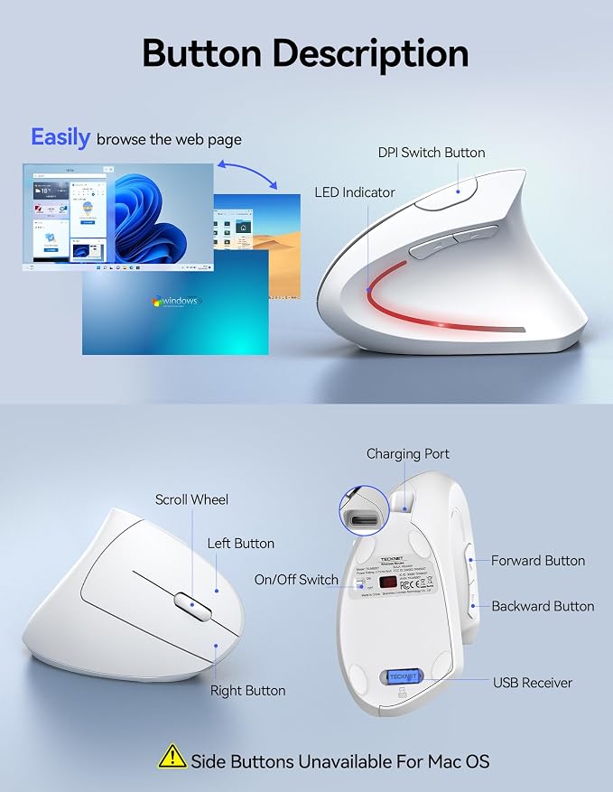 TECKNET Ergonomic Mouse Wireless, Rechargeable Mouse Silent for Carpal Tunnel Right Hand, 2.4GHz USB Vertical Mouse Wireless for Laptop, 5 Adjustable 4800 DPI, Computer, MacBook, Desktop