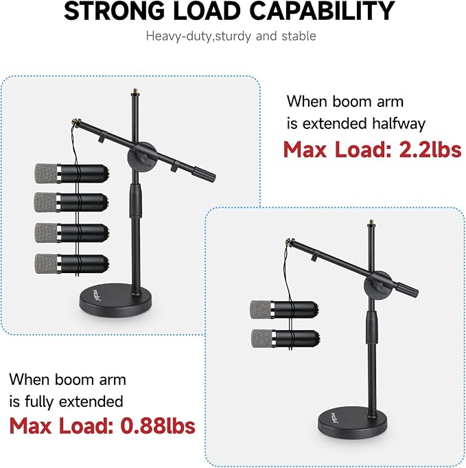 Microphone Stand Desk Adjustable Desktop Microphone Stand with Boom Arm Upgraded 3 in 1 Table Phone/Mic Stand with Microphone Clip,Cell Phone Clip,3/8" to 5/8" Adapter for Universail Mic