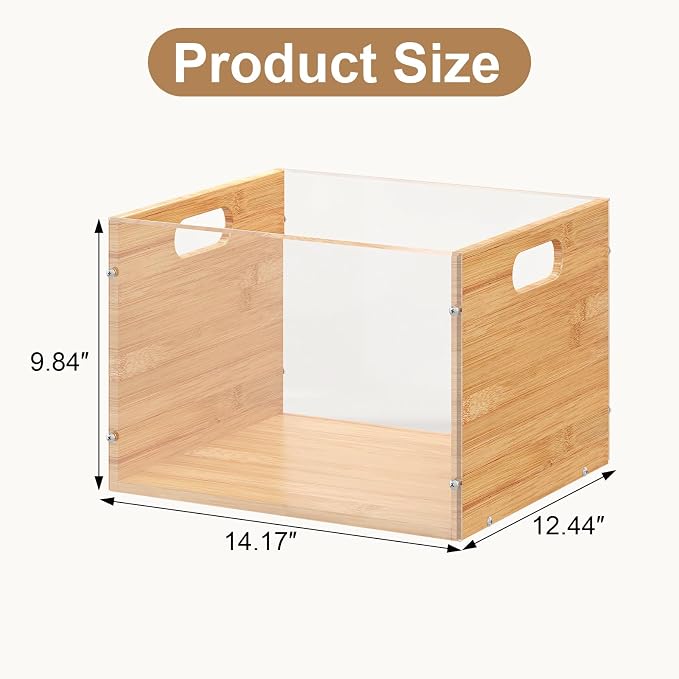 Sbanmao Clear Acrylic File Box Organizer, Bamboo Hanging Folder Storage Boxes, Filing Crate Bin Holder with Handle for Home Office Desk, Letter Size